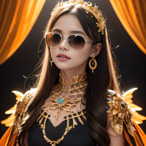 Openwork Halloween pumpkin style，transparent wings，Magic wand，Wear thick gold-framed reflective sunglasses，32K（tmasterpiece，k hd，hyper HD，32K）Light orange flowing hair，Silver skull jewelry area in the cave，Indigo Skull King ，Skeleton protector （The skeleto...