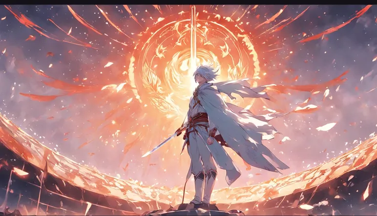 A white-clad swordsman stands on a floating roof，Behind him is a huge sun