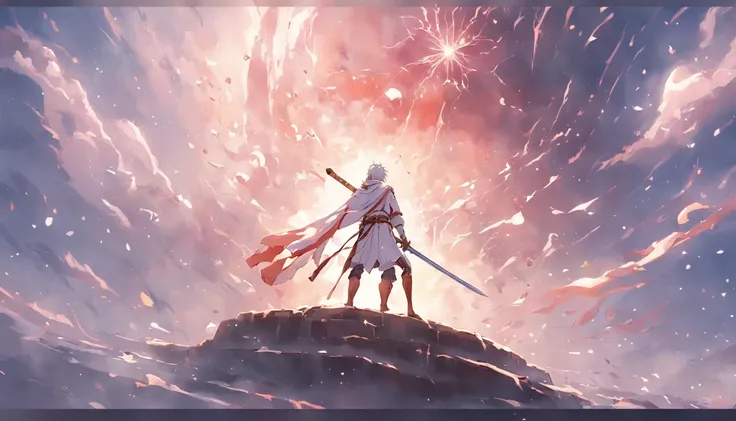 A white-clad swordsman stands on a floating roof，Behind him is a huge sun