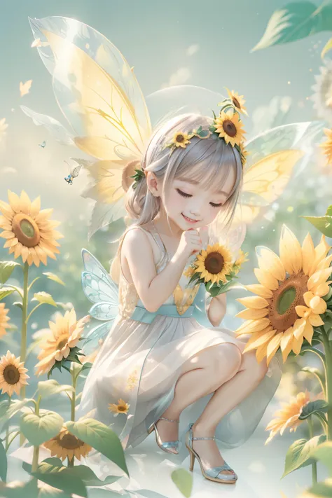 A cute fairy with a sense of transparency、Bright smile、is playing happily、Beautiful background、Bright background、sunflower background