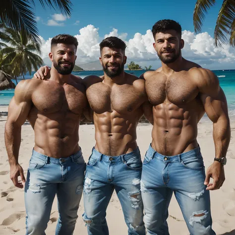 A three muscular Soviet Union soldiers on vacation, hairy body, alpha male, huge biceps, ripped abs, shaggy hair, jeans, caribbean sunny morning, white sand beach, snuggle together, threesome, smile, 4k, high detailed, beautiful, dark age, art by Stanley a...