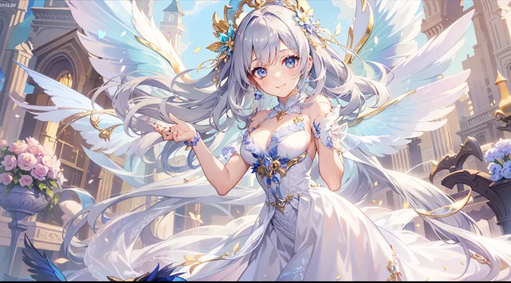 Flower fairy, Transparent colorful wings, Magic wand，A high resolution, 8K, anime woman, Delicate and meticulous text 、detailed digital illustration、aristocratic clothes、Very long hair and shine、A very beautiful woman、The eyes are twofold, Big and cute,、Th...