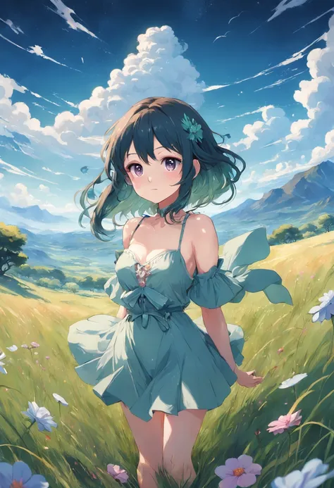 beautiful woman, full body, (revealing low-cut clothes), anime landscape, all kinds of virtual critters, fill the entire meadow, cute, surreal, fresh painting