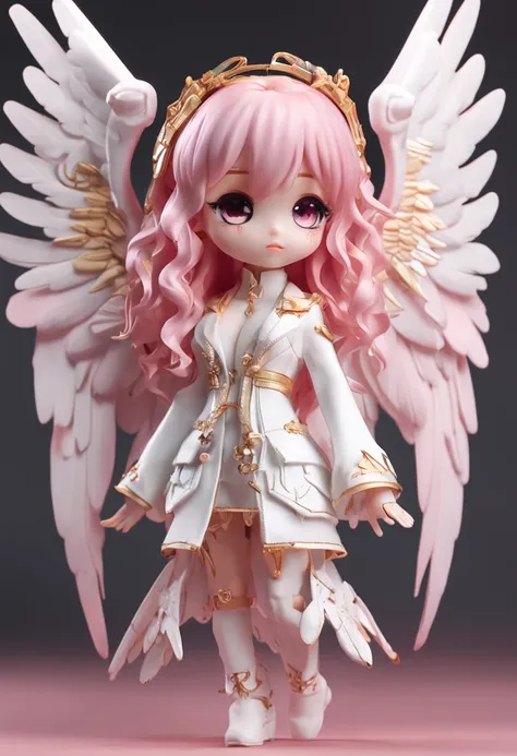 1 anime angel doll，（tchibi：1.2），8k high-quality detailed art，White feathers on the back，Pink hair，Gradient，twinkle，The style is Nendoroid，Stylized anime，Anime style 4K，cute detailed digital art，Guweiz style artwork，8K octar rendering photos，Advanced digita...