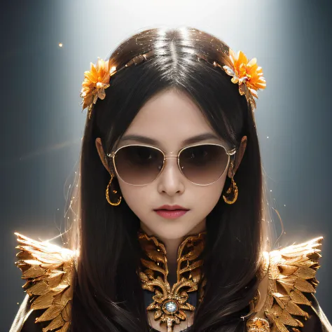 Skeleton Halloween pumpkin style，Wear thick gold-framed reflective sunglasses，32K（tmasterpiece，k hd，hyper HD，32K）Light orange flowing hair，Silver skull jewelry area in the cave，Indigo Skull King ，Skeleton protector （The skeleton is realistic：1.4），Skull pat...