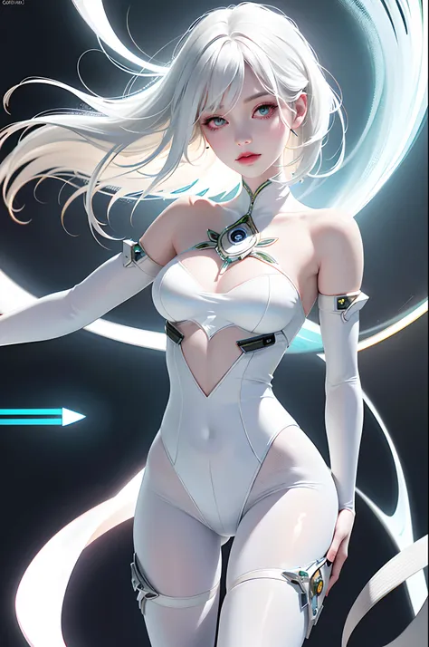 Close up, Gorgeous girl, Pale white skin, Cyborg, ((White skin)), Hourglass body, Slim body, Sexy, full bodyesbian, Thigh neon transparent dress, (Dark background), Bioluminescent tattoos, Cinematic lighting, Intricate, Masterpiece, Best quality