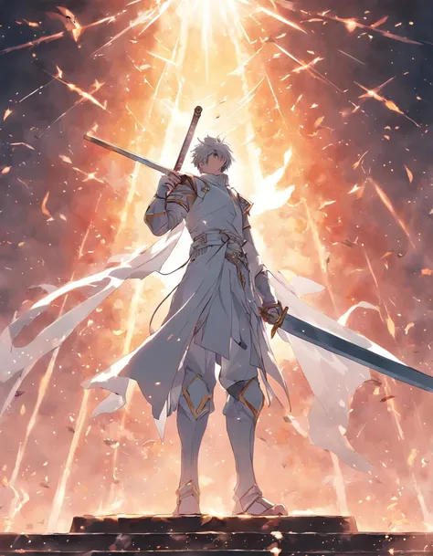 A white-clad swordsman stands at the top of the sky，Behind him stands the glorious sun。