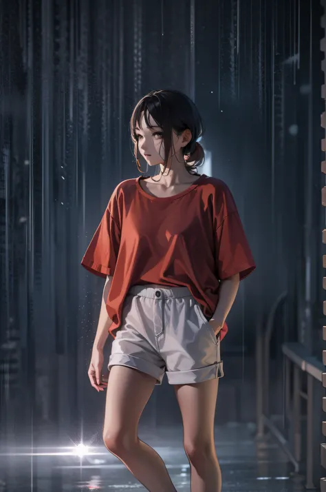 In the rain、Woman Walking、shortpants、tshirts、Looking at the camera、back lighting、Studio Lighting