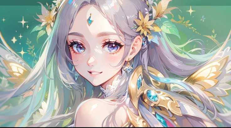 Flower fairy, Transparent colorful wings, Magic wand，A high resolution, 8K, anime woman, Delicate and meticulous text 、detailed digital illustration、aristocratic clothes、Very long hair and shine、A very beautiful woman、The eyes are twofold, Big and cute,、Th...