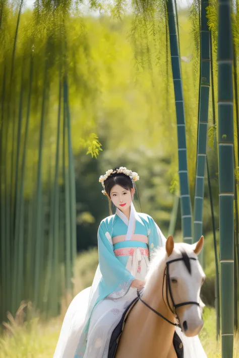 (`Wang Gong`) Wear traditional Hanfu，A woman riding a horse through a bamboo forest。