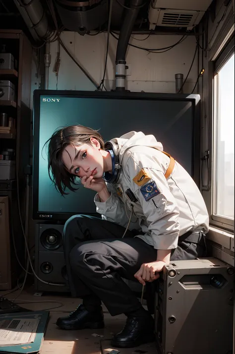 An astronaut contemplating strategies in a junkyard, with an old 1800s TV in the background, balanced lighting, and a realistic feel. ((Sony Alpha A7 III))