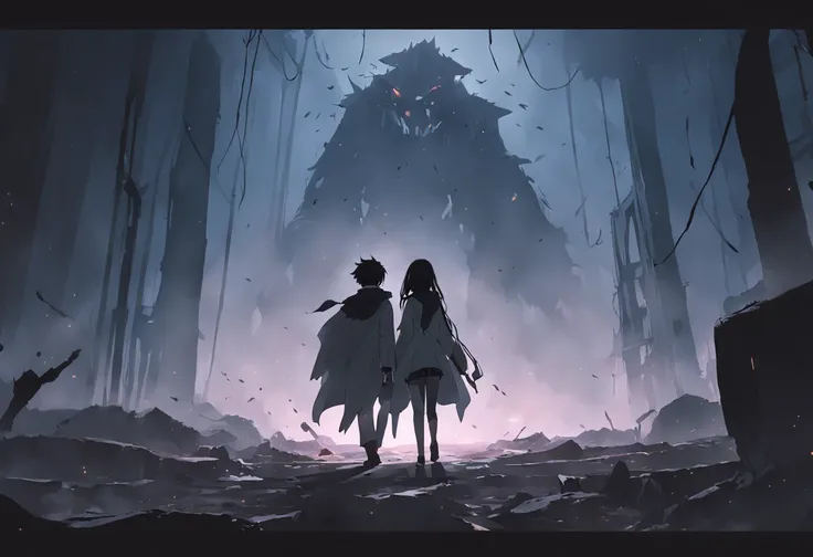 A male student in a student uniform and a female student in a trench coat face away from the photo，Walk through vast ruins，Under a black sky，In the distance, There is a fuzzy black monster in the fog。