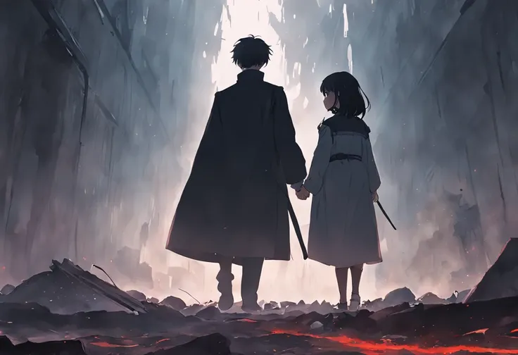 A male student in a student uniform and a female student in a trench coat face away from the photo，Walk through vast ruins，Under a black sky，In the distance, There is a fuzzy black monster in the fog。