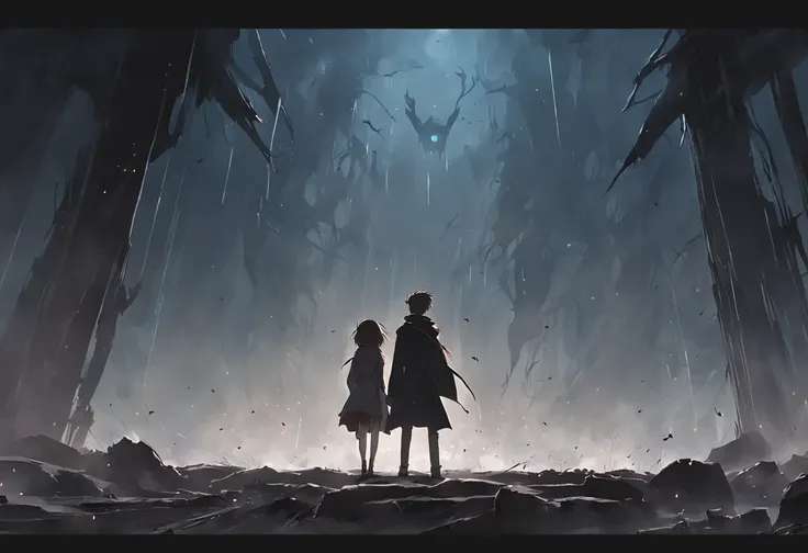 A male student in a student uniform and a female student in a trench coat face away from the photo，Walk through vast ruins，Under a black sky，In the distance, There is a fuzzy black monster in the fog。