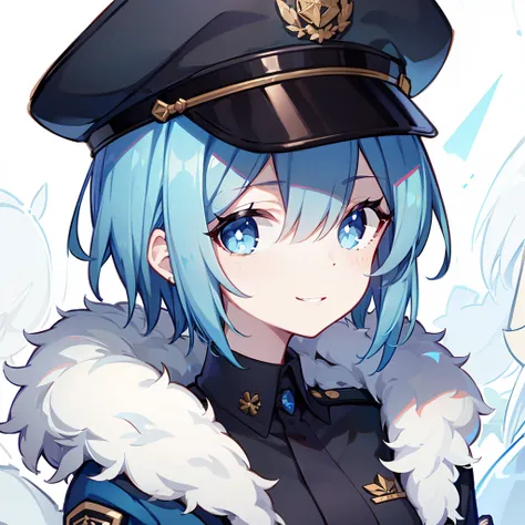 blue short hair，Black officers cap，ssmile，Fur-collared officer coat，1girll，adolable