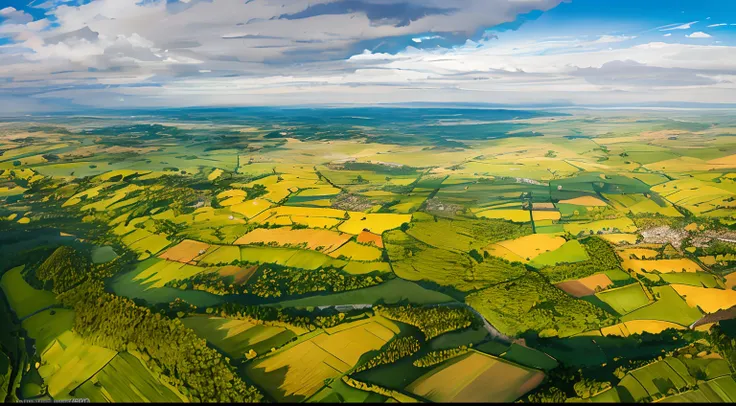 Aalfid landscape of the green valley，A river runs through it, patches of green fields, verdant green fields, wide angle landscape shot, wide angle landscape, Yorkshire Forest Plains, Germany. Wide shot, lush countryside, wide angle landscape photography, d...