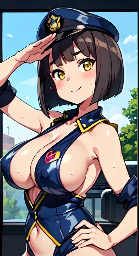 (Perfect body),Best Quality,(8K Portrait),(anime screen cap)、((Police Woman))、 srestrained,blush,Sweat,((large udder)) ,((puffy niples))、(Dark hair),((bob cuts))、Yellow eyes、Tied wrists,(thick thighs),((Navy Blue High Leg ))、adult  woman、((A smile))、Cowboy...