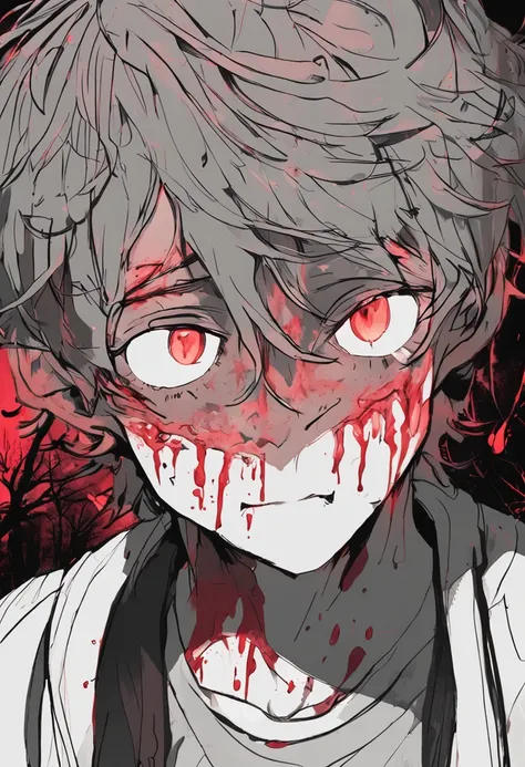 (A lonely teenager,Someone exactly like himself,A sea of blood,Confused and painful eyes,A faint glow,The blood on the boys face was mixed together:1.5,Affectionate descriptive language,illustration，dream colors)