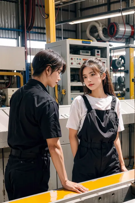 Male and beautiful female factory worker, in factory