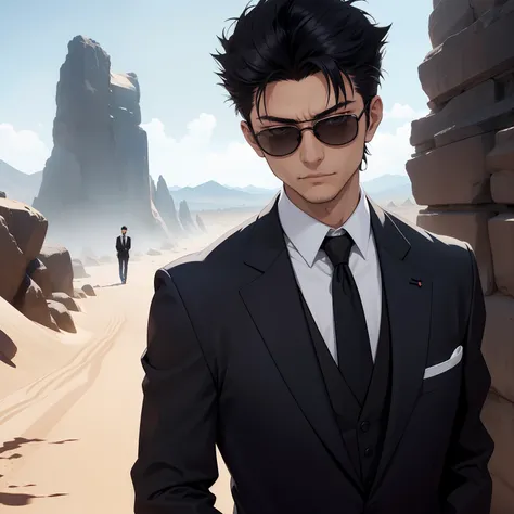 Japan man wearing sunglasses in tall black suit carrying a huge white cross shape、Walk through the desert wilderness、Open collar big shirt with white chest visible、Black suit、I dont wear a tie、Full body painting、trigun、Wolfwood