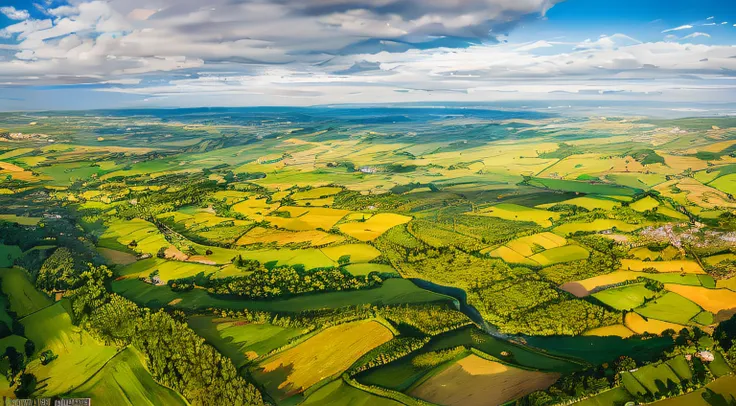 Aalfid landscape of the green valley，A river runs through it, patches of green fields, verdant green fields, wide angle landscape shot, wide angle landscape, Yorkshire Forest Plains, Germany. Wide shot, lush countryside, wide angle landscape photography, d...