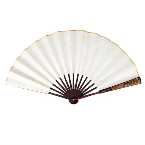 There is a white fan decorated in gold on it, Fans, inspired by Fan Qi, full - length view, decor, heian, fans hals, Asao Urata, inspired by Fan Kuan, inspired by Kanō Shōsenin, Decoration, Ancient sword, eguchi, goto fujita, iwakura