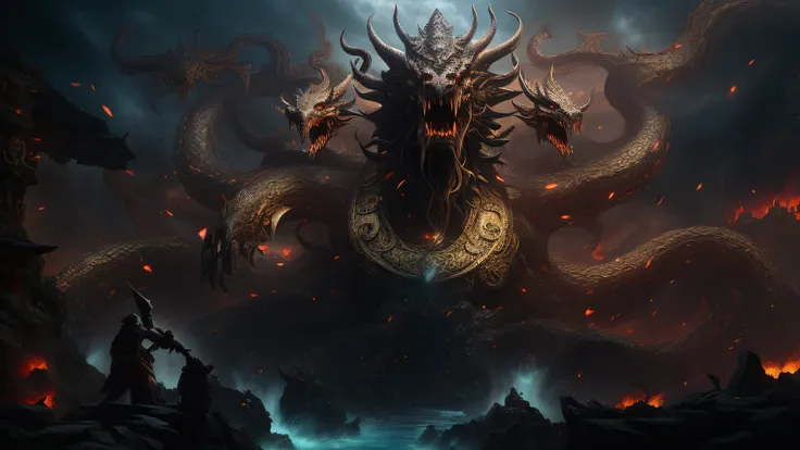 The image of Arafard of a giant monster with horns and a man standing in front of it, the hydra from path of exile, Symmetrical epic fantasy art, Eight-headed snake, chinese dragon concept art, Hydra, epic fantasy digital art, Epic fantasy digital art styl...