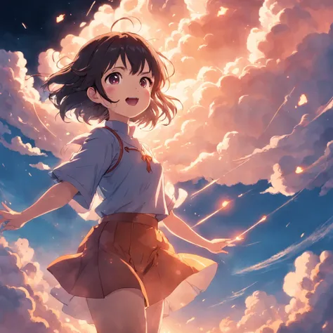 masterpiece, best quality, movie still, 1girl, cloud girl, floating in the sky, close-up, bright, happy, warm soft lighting, sunset, (sparks:0.7)