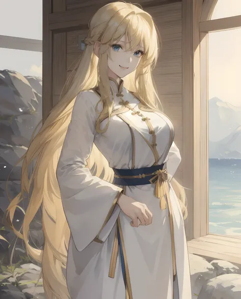 ((Best Picture Quality, 8k, tmasterpiece:1.3)), 1girl, Beautiful woman with slender abs:1.3, (Hairstyle: Blonde hair with long hair, Leaky big breasts:1.2), 比基尼:1.1, Ultra-fine face, A detailed eye, 二重まぶた，ssmile，Home