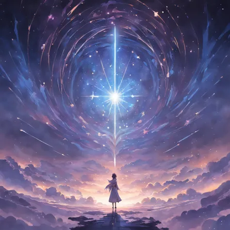 starrysky,destiny,samsara,perplexed,hearken,Heart,illuminations,front walking,Brighter,wanting,Not alone,soul,prop up,arrival,Dawn I recommend including some key visual elements in the poster: -starry sky, Represents destiny and the universe - a compass or...