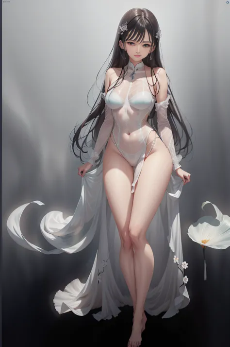 At the table sat a woman in a white dress, Smooth translucent white skin, smooth white tight clothes suit, Japanese goddess, seductive anime girls, Translucent white skin, dressed in a beautiful white, wearing white clothes, gorgeous chinese models, Transl...