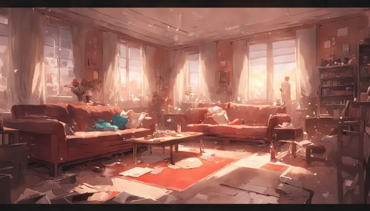 A split digital matte painting depicts a messy, worn down living room transitioning into a welcoming, refreshed version after a deep clean. The left half shows furniture stains, clutter piles, dusty windows in disarray. The right half reveals the pristine ...