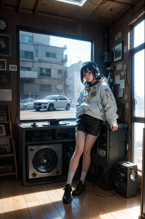 An astronaut contemplating strategies in a junkyard, with an old 1800s TV in the background, balanced lighting, and a realistic feel. ((Sony Alpha A7 III))