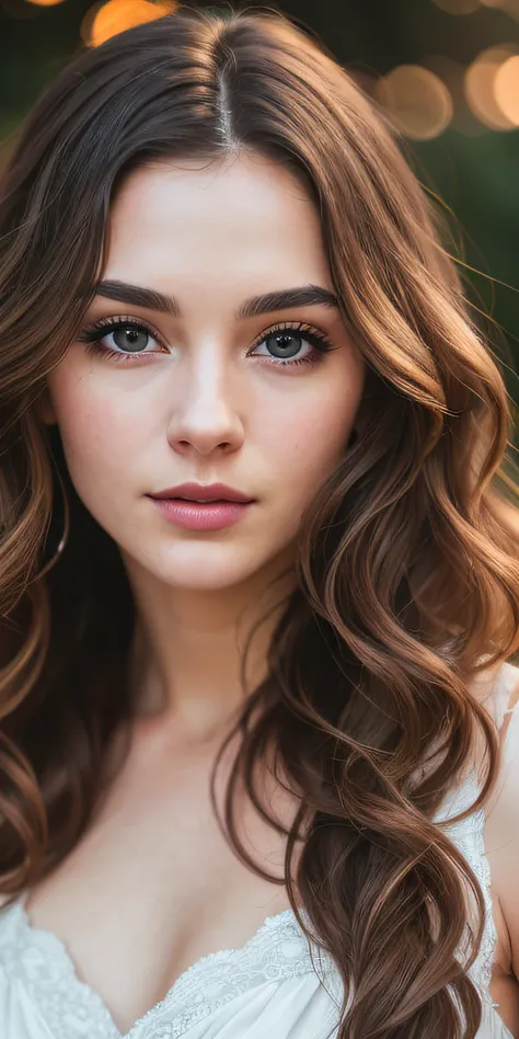 Full face portrait photo of a 25-year-old European girl, RAW, beautiful woman, semi-open strawberry lips, dimples, wistful look, (extra long wavy brown hair), ((detailed face)), ((detailed facial features)), (finely detailed skin), pale skin, (deep necklin...