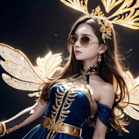 Dark moonlit night，Transparent wings，Magic wand，Wear thick gold-framed reflective sunglasses，32K（tmasterpiece，k hd，hyper HD，32K）Light orange flowing hair，Silver Skull jewelry district in an abandoned pond，Indigo Skull King ，Skeleton protector （The skeleton...