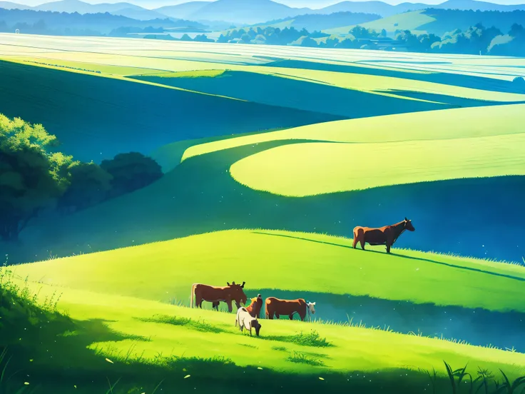 Cows graze in green fields of rolling hills, anime countryside landscape, green pastures stretch for miles, atey ghailan 8 k, beautiful digital painting, grassy fields, grassy fields, Countryside, author：Zou Zhe, by Yang J, horse racing concept art, Gorgeo...