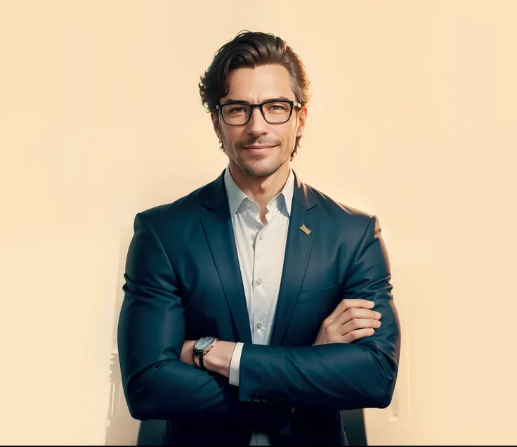 there is a man with glasses and a suit standing with his arms crossed, professional profile photo, professional profile picture, man with glasses, solid background, photo of a man, high quality portrait, wearing a suit and glasses, corporate portrait, prof...