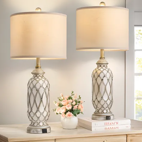 There are two lamps on the table，There is a vase on it, light fixtures, beautiful lit lamps, magnificent design, Beautiful design, Rustic, elegant lighting, serene scene, designed for cozy aesthetics!, elegant intricate, glowing lamps, Ivory, intricate glo...