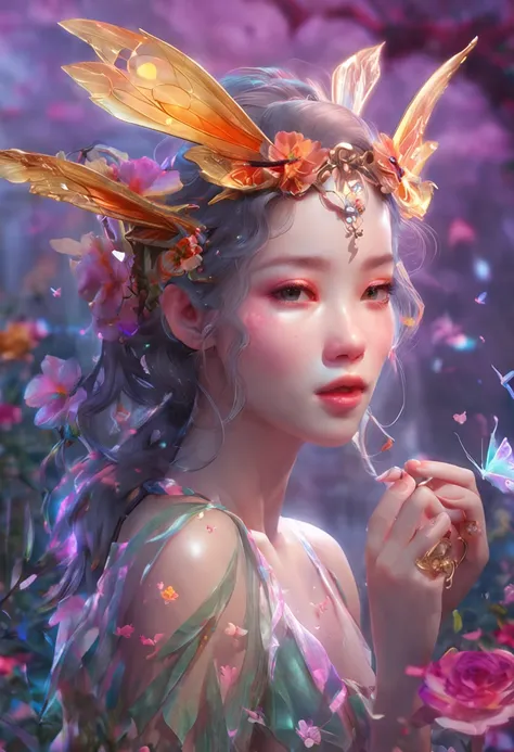 Flower fairy, Transparent colorful wings, Magic wand，China-style，8K，Light mature style，The eyes are melancholy，Anatomical details