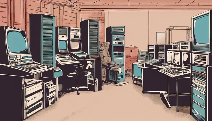 There is a small desk with a computer, teclado, and other electronic equipment, monitor de computador antigo, imagem realista, foto realista, computador antigo, 1 9 8 0 s tecnologia, retro style and 1 9 8 0 s, background 1970s office, 1 9 8 0 s computadore...