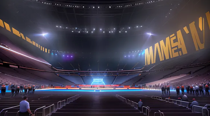 There is a large stadium with a stage and crowd, in the middle of an arena, futuristic sport arena, standing in an arena, arena background, Dramatic lighting. concept-art, In the arena, concept art 2022, imax render, stadium setting, concept art 8k resolut...