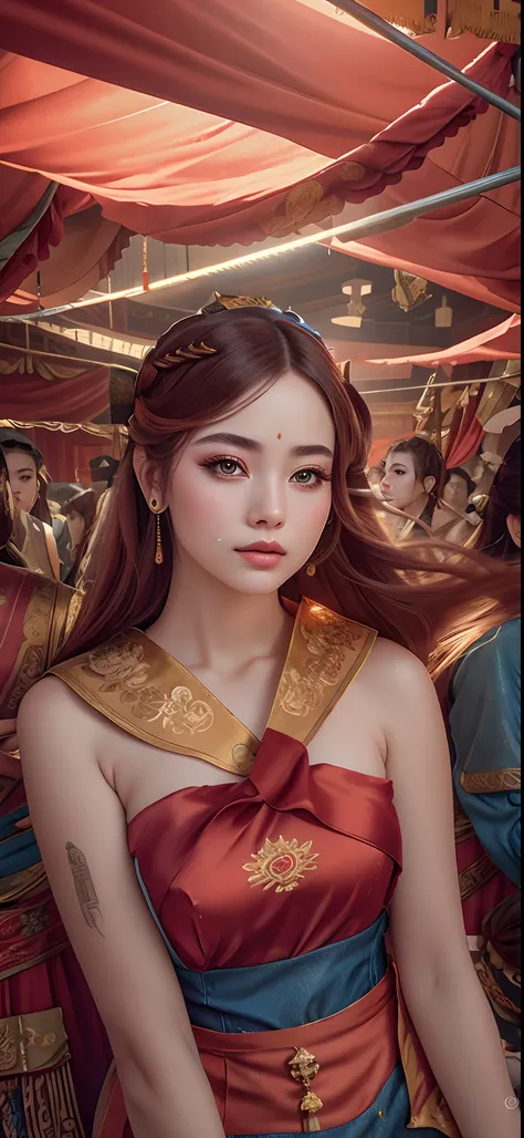 Best quality, masterpiece, ultra-detailed high resolution, (realistic: 1.4), original photos, illustrations,
1 Girl standing with a weapon, full body photo (solo: 1.2), (denim lens: 1.2), (hair crown: 1.2), Chinese Dunhuang traditional costume, strapless, ...