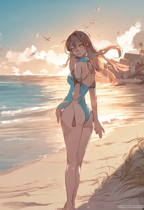 "Generate an image of an anime waifu in a paradisiacal setting. It is lying peacefully on the sand of a white sand beach, with the blue sea stretching out before her as far as the eye can see. The sky is tinged with warm and soft tones, creating a color pa...