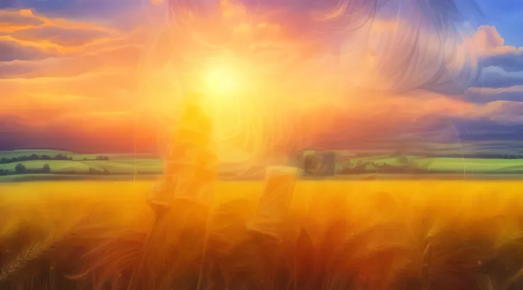 (masterpiece), best quality, (from below),(gorgeous sunset:1.4),(streaming sunlight:1.2),(fall:1.2),(wheat field),highly detaile...