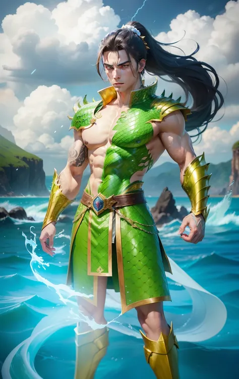 Boy, handsome, sixpack, charming, dragon, golden armor, ocean, Storm, magic Green dragon scales, blue eyes, white skin, ponytail hair, realistic, ultra detail, perfect face, perfect eyes, pretty face, expressive eye,best quality