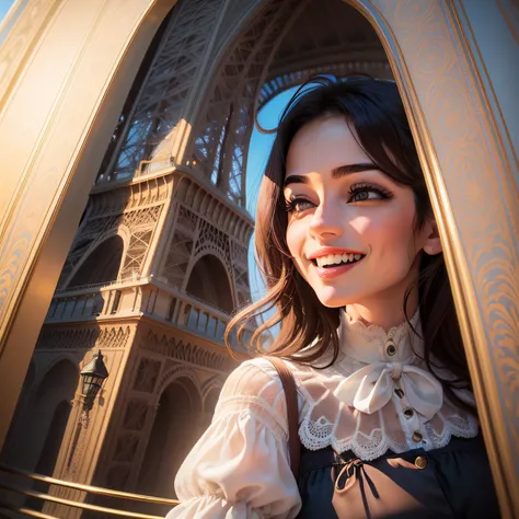 (Detailed description) (melhor qualidade) Crie uma imagem realista da mesma mulher muito feliz e realizada perto da Torre Eiffel