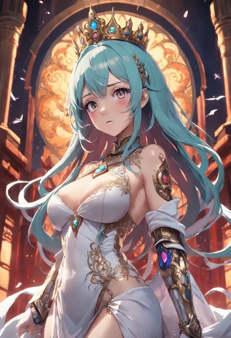 Perfect woman, full bodyesbian, Colorful hair, royal, crown, Princess, queen, dystopian, Highly detailed, Soft lighting, Detailed face, Perfect face, anime big breast, concept-art, masterpiece of intricate artwork, fashion magazine, Story, fantasy, Ominous...