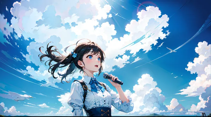 Under the blue sky and white clouds，The girl sings alone