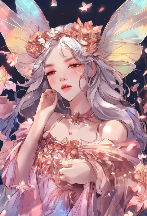 Flower fairy, Transparent colorful wings, Magic wand，China-style，8K，Light mature style，The eyes are melancholy，anatomy correct，Tears in the eyes，Feminine background