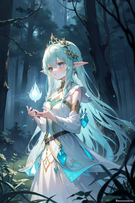 Generate an illustration in an illustrative style featuring a forest elf crafted from radiant light, emanating a soft glow that illuminates the darkness of the woods. The scene should capture the ethereal and mystical nature of the elf, with intricate deta...